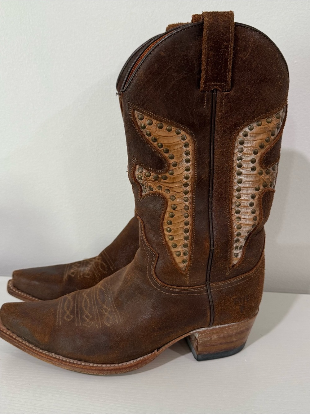 Frye Daisy Duke Python Studded Western Cowboy Boots Brown Leather Women’s 9M - Picture 8 of 11